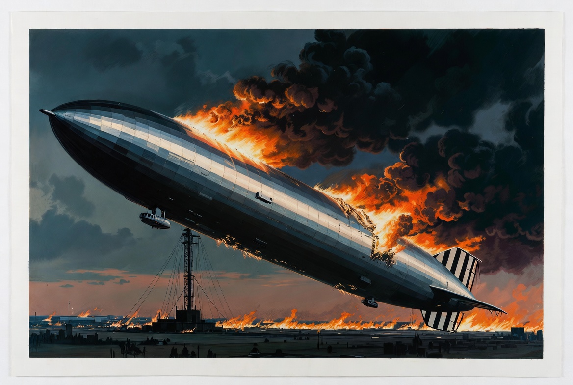 The LZ 129 Hindenburg airship engulfed in flames during its landing approach at Naval Air Station Lakehurst, New Jersey on May 6, 1937 — the disaster Franklin B. Kelly narrowly avoided by calling off work the night before.