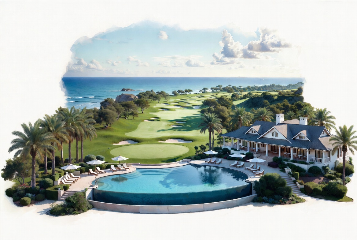 Resort golf course insurance with luxury resort clubhouse, oceanfront fairways, hospitality amenities, and golf course property