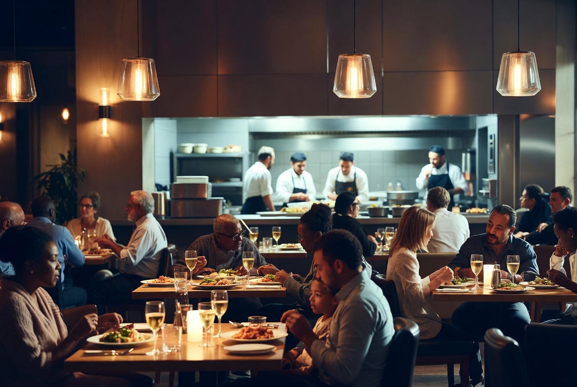 Busy dining room and open kitchen for restaurant insurance