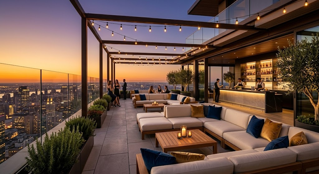Rooftop bar at sunset with skyline and lounge seating for rooftop bar insurance