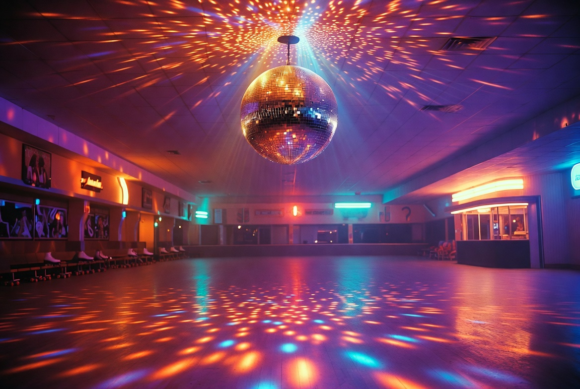 Roller rink with disco lights for skating rink insurance