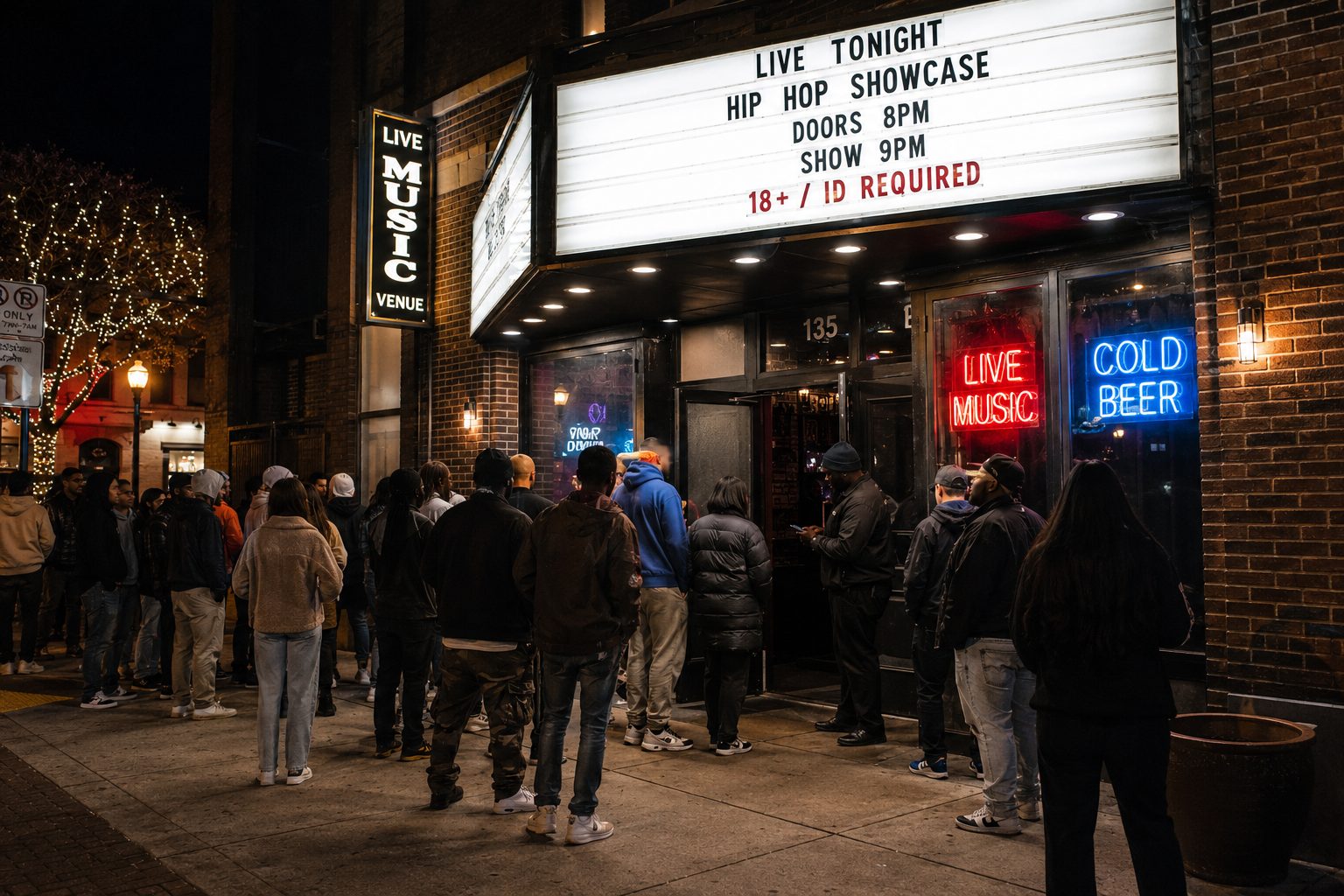 Nighttime exterior of a small hip hop club with a lit marquee, the intimate venue setting where promoters still need their own event coverage