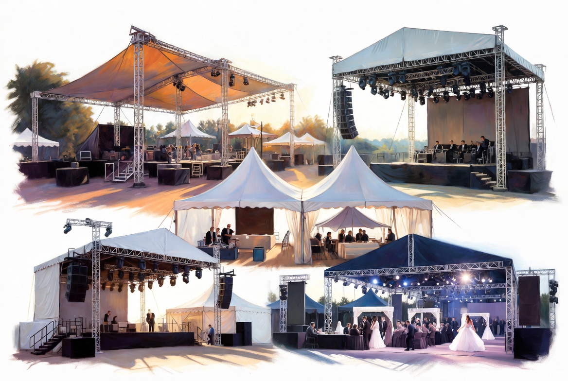 Painted illustration of special event insurance coverage types protecting multiple event formats including festivals, concerts, vendors, and public gatherings