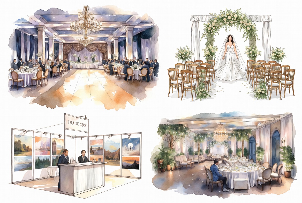 Hand drawn special event insurance types illustration with corporate gala, wedding, private party, and varied event insurance examples