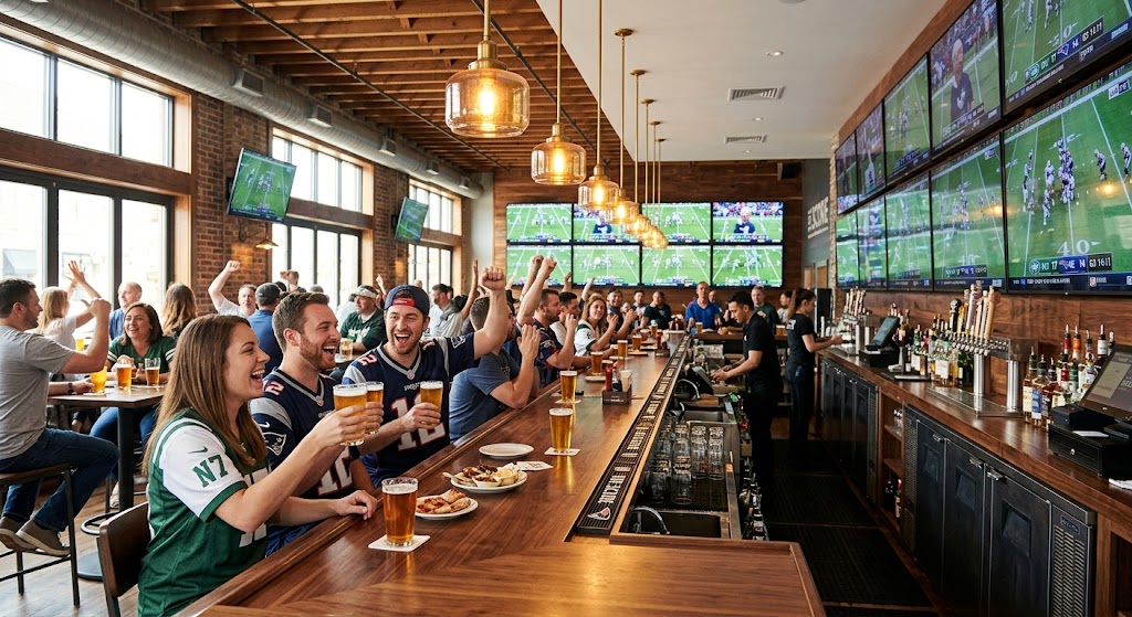 Lively sports bar with wall of screens and cheering fans for sports bar insurance