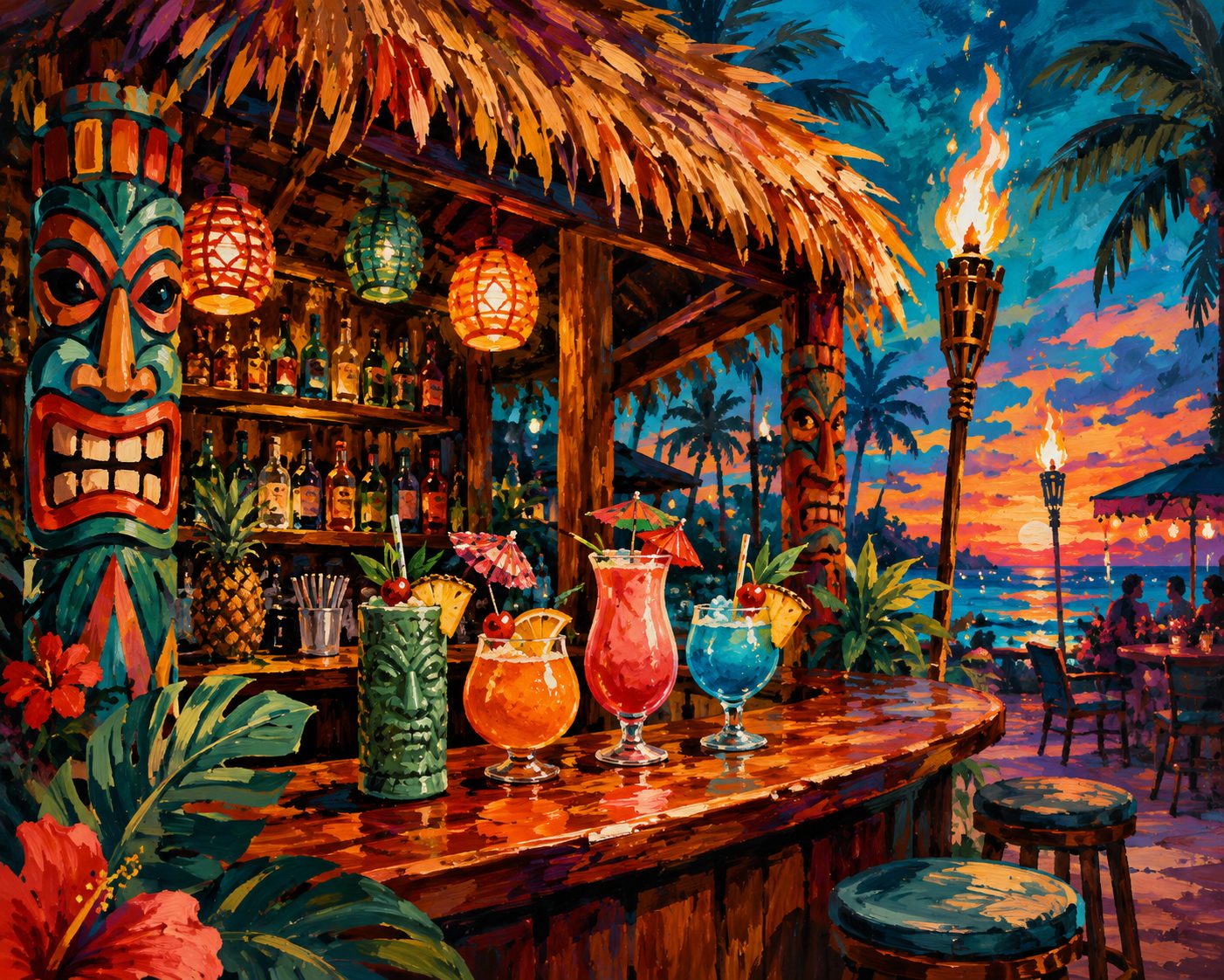 Tiki bar with thatch, torches, and tropical drinks for tiki bar insurance