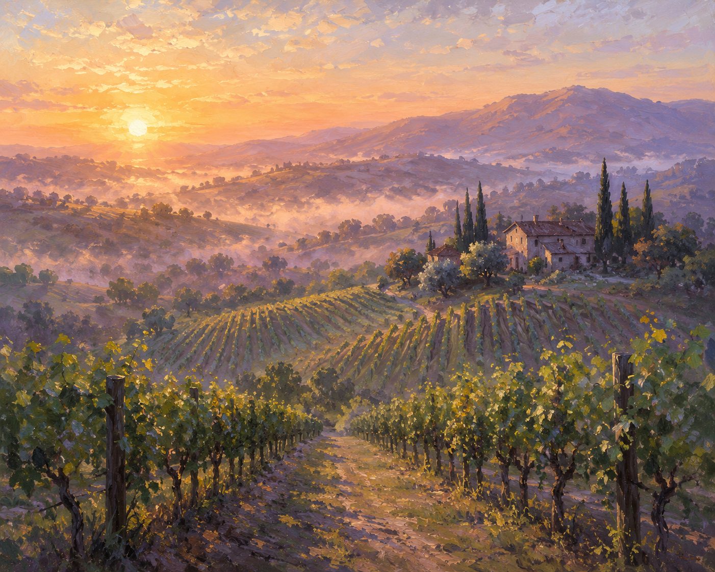 Rolling vineyard rows at sunrise for vineyard insurance