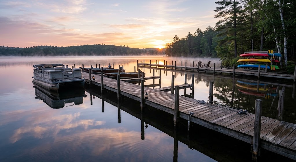 Waterfront community shared dock and boat slips at sunrise