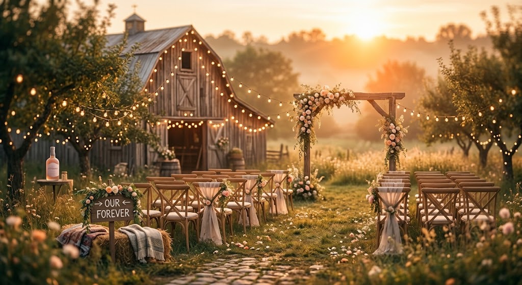 Barn string lights and ceremony for wedding venue insurance