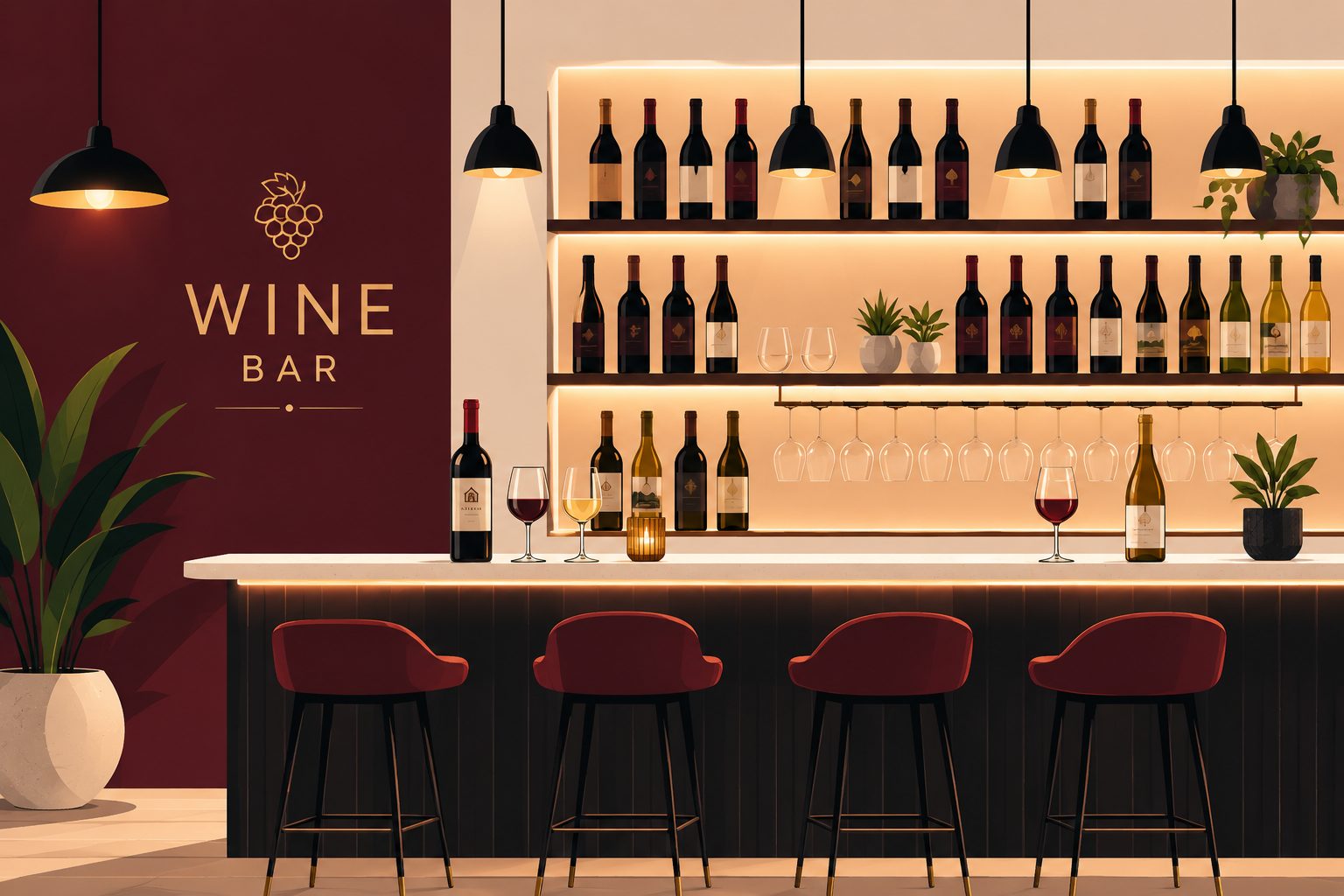 Elegant wine bar with glasses and a floor-to-ceiling bottle wall for wine bar insurance