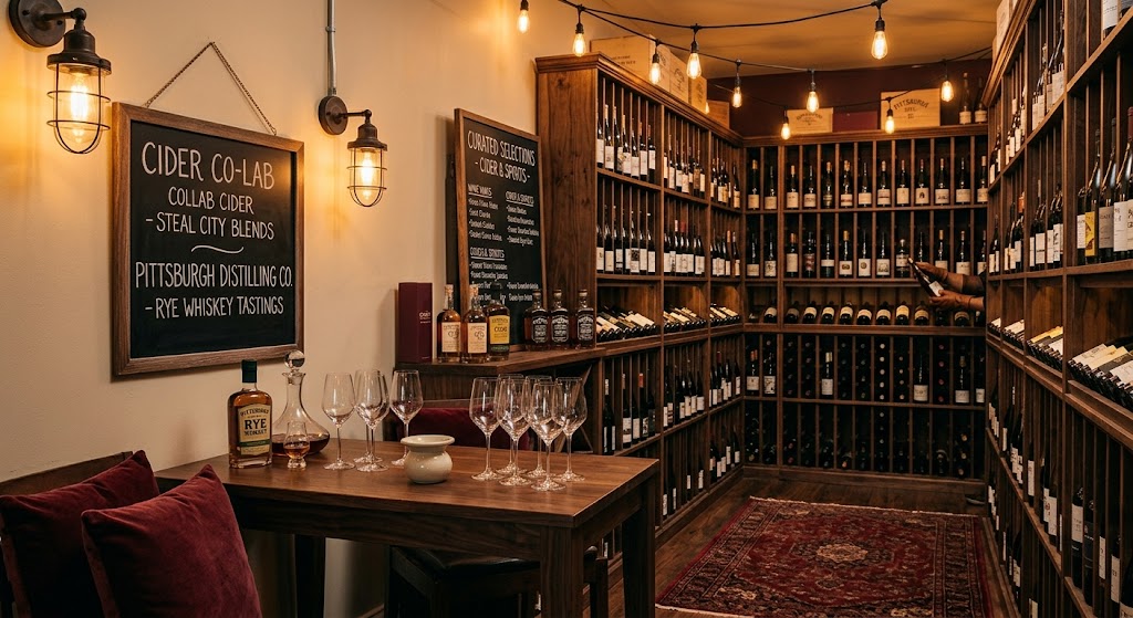 Curated racks and tasting corner for wine shop insurance