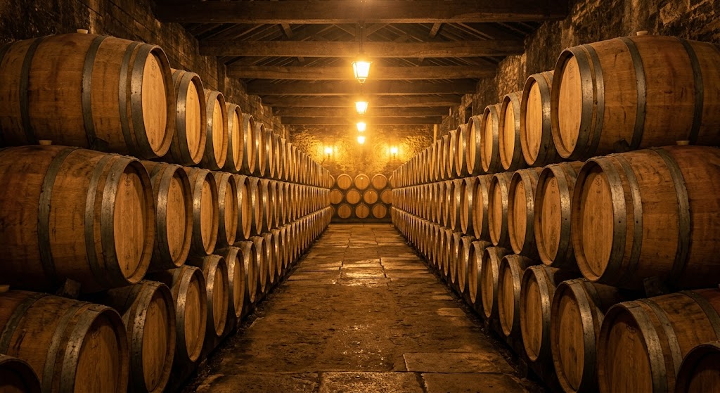 Barrel room in golden light for winery insurance