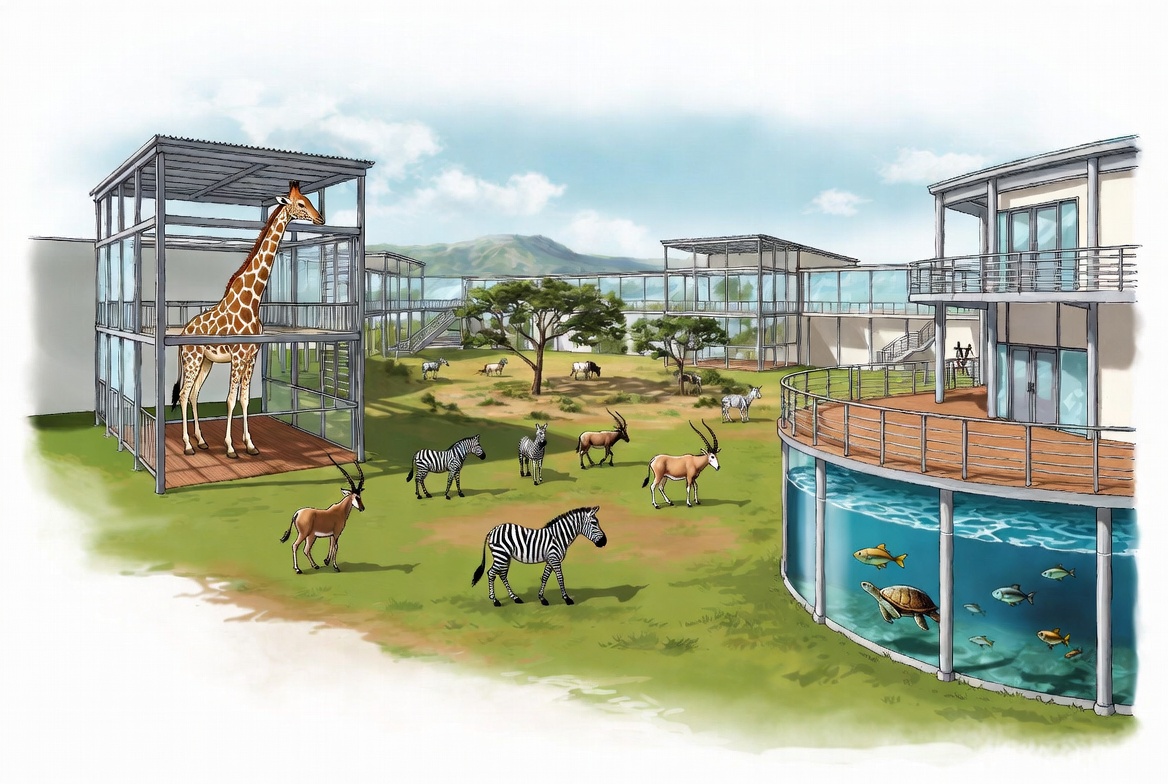Zoo safari park and aquarium insurance wildlife attraction hub illustration with animal exhibits, visitors, and specialty coverage exposures